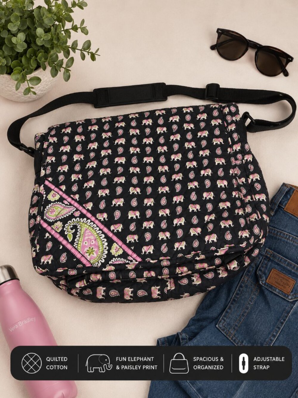 Vera Bradley Elephant Paisley Messenger Crossbody Bag Black Pink Quilted Cotton